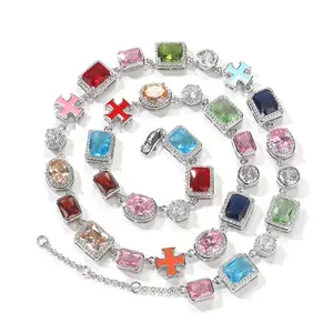 Iced Out Multicolor Green Blue Red Pink Black Gem Stone Enamel Cross Chain Necklace Big Gemstone Bracelet HipHop Jewelry