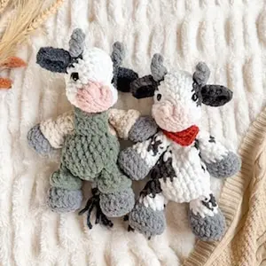 Cyrus Cow Snuggler No Sew Crochet Cow Lovey Amigurumi Cow in Overalls Cute Cuddle Toy for Snuggling