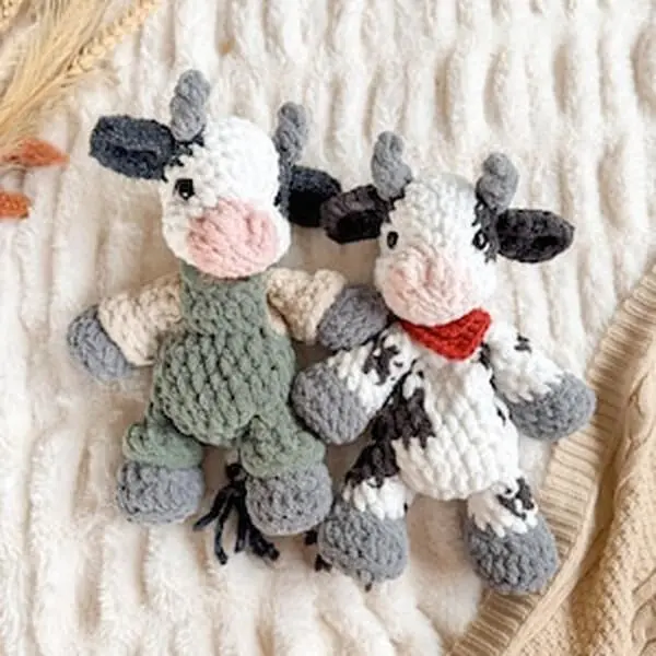 Cyrus Cow Snuggler No Sew Crochet Cow Lovey Amigurumi Cow in Overalls Cute Cuddle Toy for Snuggling