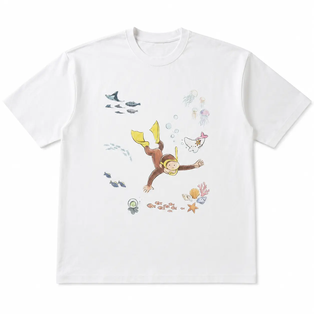 Men's Short-Sleeve Thick Classic Basic Casual Vintage Curious George Underwater Scuba Diver Graphic White T-Shirt, Ocean Sea Life Themed Top, Cotton, Menswear, Minimalist, Tshirt, Fabric, Print, Round Neck, Tee, Pure Cotton, Everyday, Basics, Fitted, Jean