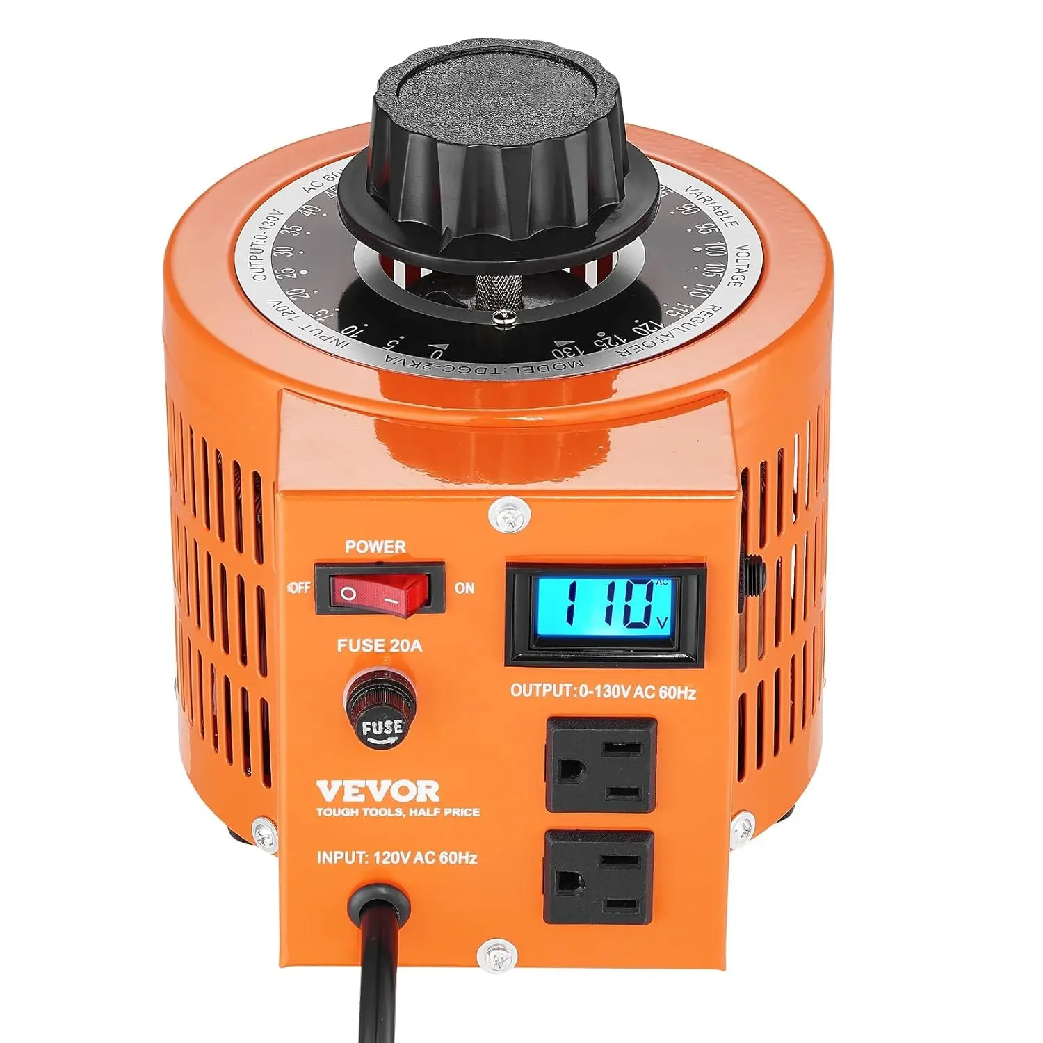 VEVOR Auto Variable Voltage Transformer 2000VA, 15.3 Amp, 110V Input 0-130V Output AC Voltage Regulator, with LCD Display 4 Extra Fuses Thermal Control Switch