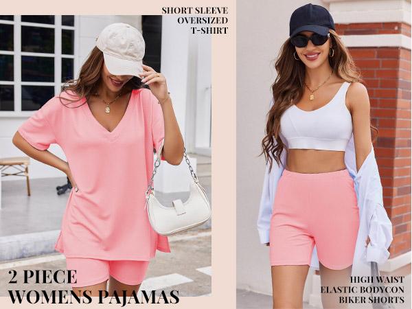 EKOUAER Spring Women's  Two-Piece Pajama Set Summer Casual Oversized V Neck Split Hem Shirts & Shorts Minimalist Lounge Wear Soft Viscose Fabric Comfy Homewear Cozy Pjs For Everybody S-2XL   lightweightruns small