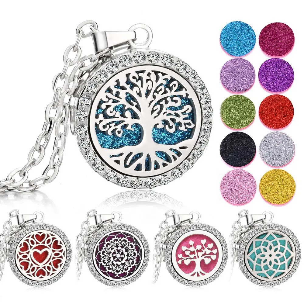 Tree of Life Essential Oil Diffuser Locket Necklace, 15mm*15mm Rhinestone Perfume Pendant, Chain & Link Aromatherapy Jewelry, Meaningful Gifts for Women, Daily, Female, Stainless Steel Jewelry, Round Shape, 60Cm, Includes Pads, Magnetic Closure