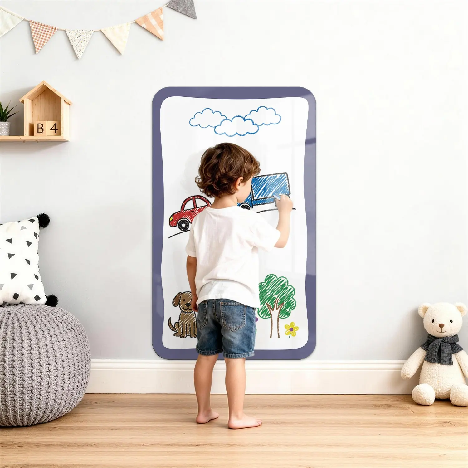 Rounded Border Design Magnetic Whiteboard Sticker, Removable No Residue, Smooth Writing, 40x67cm, Includes Magnetic Box & Crayons