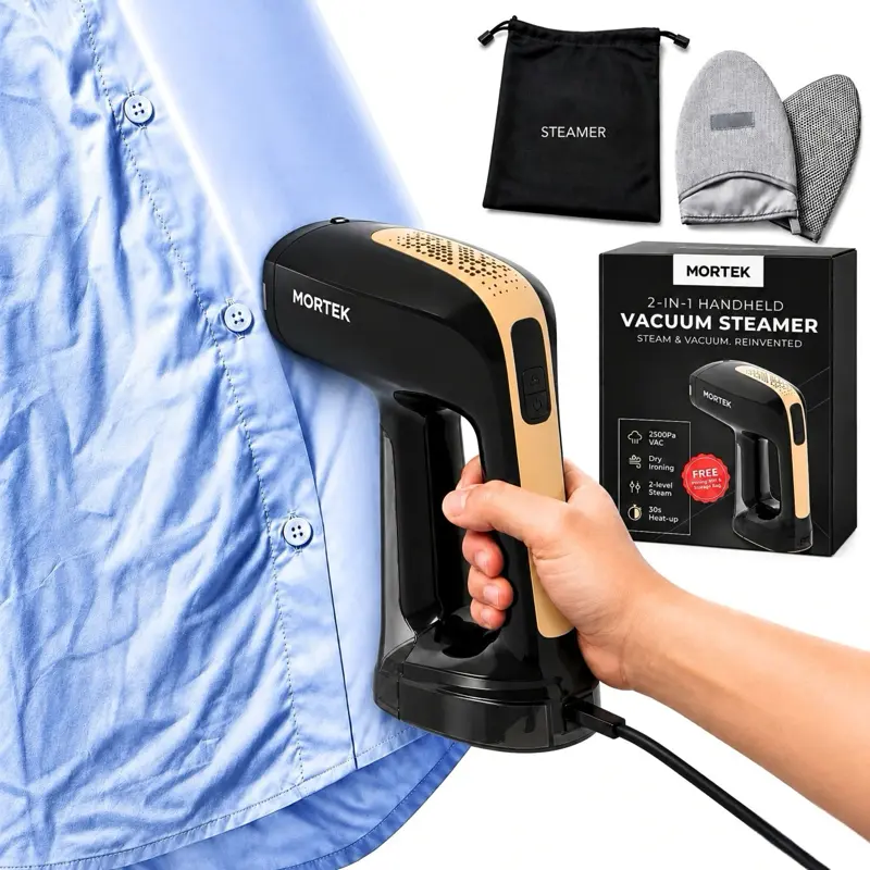 MORTEK Compact Smart Vacuum Clothes Steamer - 30-Second Wrinkle Remover, Portable Handheld Steam Iron with Auto-Grip Suction, Travel Home Appliance