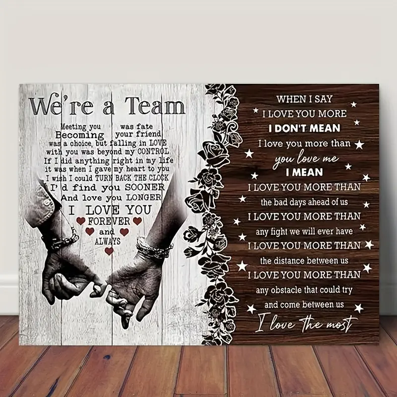 1 Piece Wooden Frame Canvas Painting - "I Love You" Inspirational Quote Wall Art with Romantic Couple Silhouettes, Rustic Wooden Background and Heart-shaped Embellishments, Perfect Gift for Couples, Can Be Hanged in Home, Office or Living Room Decoration,