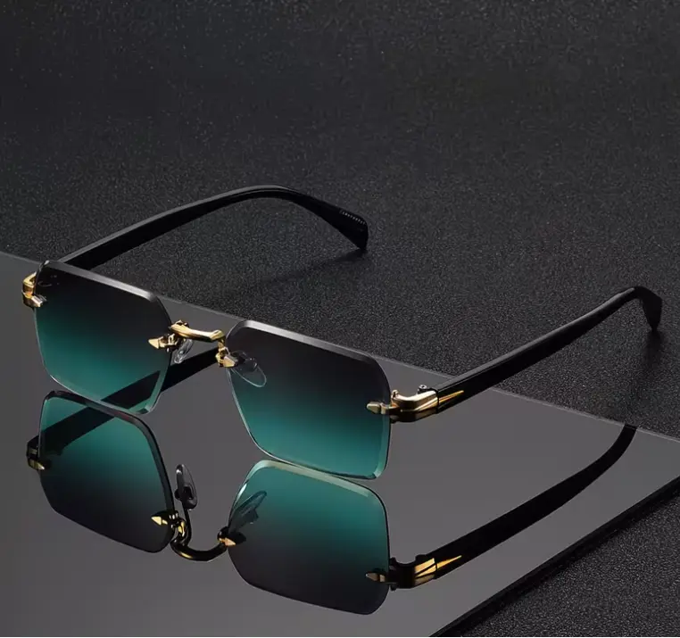 Gafas de Moda para Hombres con Lentes Degradé Turquesa/Azul//Dorado - Lentes Intercambiables/Decorativos de Alta Definición, Montura Circular Oversize, Estilo Urbano con Bordes Cortados, Diseño Lujoso - Regalo de Cumpleaños Ideal para Hombres