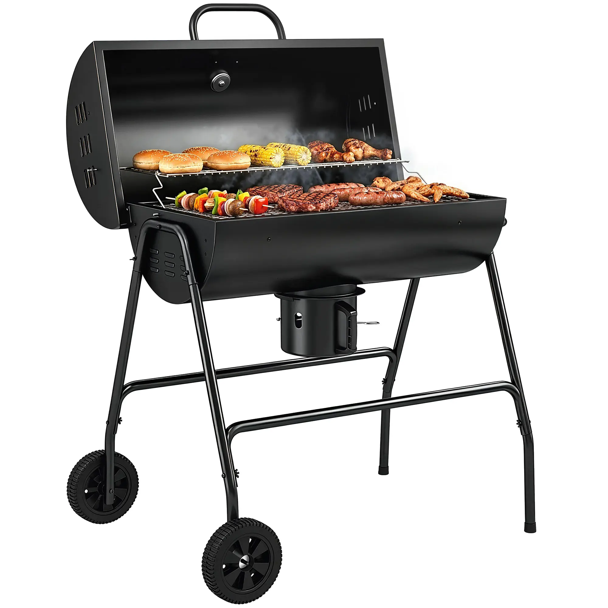 Portable Steel Charcoal Barbecue Stove - 37.5" L x 28.25" W x 40.25" H Large Cooking Area Open Flame Grill with Warming Rack, Built-in Thermometer, Adjustable Vent, Removable Ash Catcher, 2 Wheels, Patio, Backyard Tailgating Use