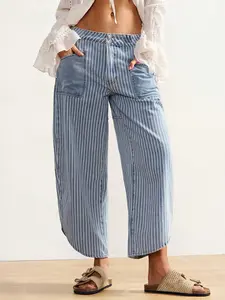 Plus Size Women's European Style Striped Curved Knife Jeans, New Summer Casual Fashion Denim Jeans, Ladies Long Trousers, Fashion Denim Pants, Everyday, Bottoms