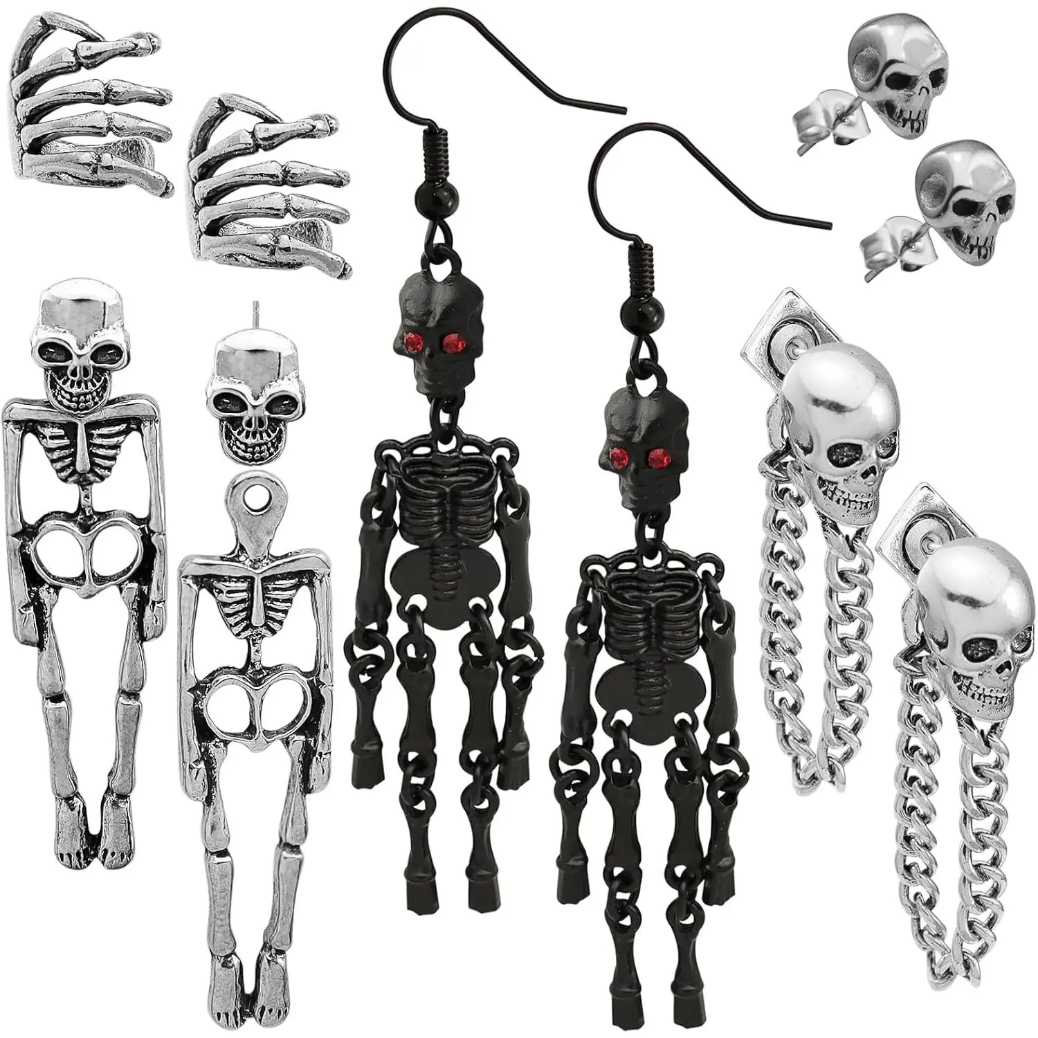5x Halloween Earrings For Women Men,Skull Skeleton Drop Chain Dangle Earrings, Skull Rock Ear  Earrings,Gothic Death Halloween Party Stud Earrings Accessories