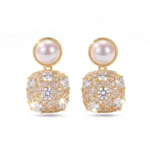 Elegant Pearl Drop Earrings for Women 14K Gold Plated Cubic Zirconia Dangle Earrings Vintage Square Zircon Cluster Statement Jewelry Bridal Wedding Party Prom Anniversary Gift for Mom Girlfriend Wife Hypoallergenic Sparkly Crystal Ear Studs