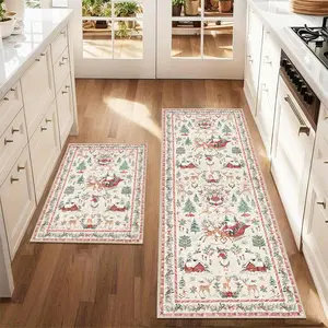 2pc Set Beige Christmas Kitchen Rug, Non-Slip Kitchen Mat, Soft Floor Mat, Winter Farmhouse Decor, Holiday Gift, Farmhouse Kitchen Rugs