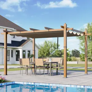 GARVEE 10x13Ft Outdoor Wood Grain Aluminum Pergola with Retractable Gray Canopy –Industrial Strength,UV Protection & Waterproof,Ideal for Patio, Garden, Backyard