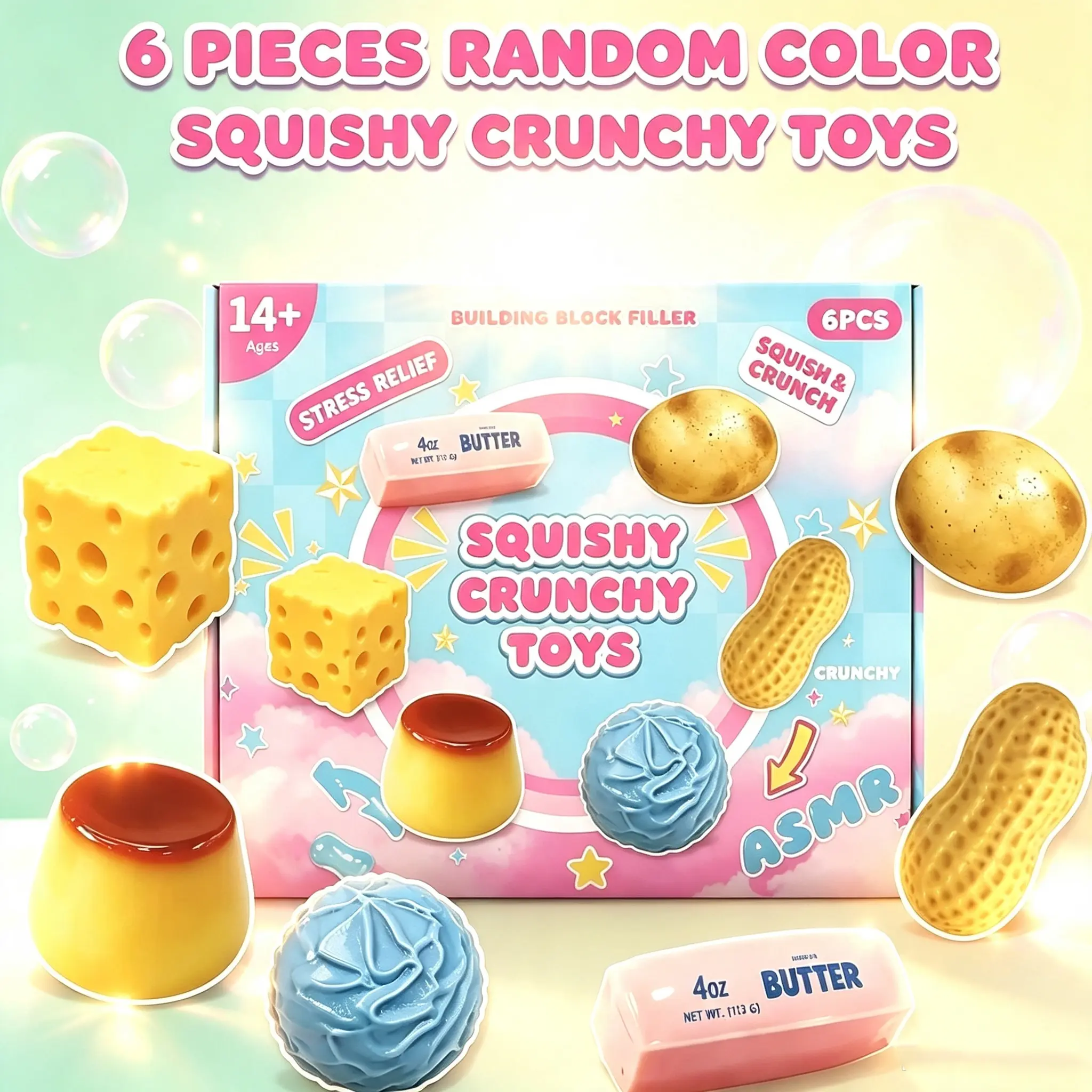 6‑Piece Squishy Crunchy Stress Relief Fidget Toys, ASMR Squeeze Sensory Decompression Toys, Relaxing Unique Stress Ball Party Gifts, Sensory Room Supplies, 6 Different Food‑Shaped Styles, Novelty Holiday Gifts