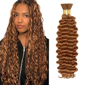 Human Braiding Hair for Boho Braids Brown Deep Wave Bulk Bohemian 2 Bundles/Pack 18 18 Inch 12A Wet and Wavy Curly Human Hair Extensions Light Brown Color