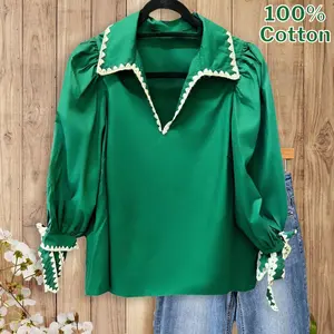 SageVell 100% Cotton Flattering Green Blouse for Women Soft Fit Southern Style with Scalloped Trim  Top for Spring  Outfits Easy Everyday Elegance