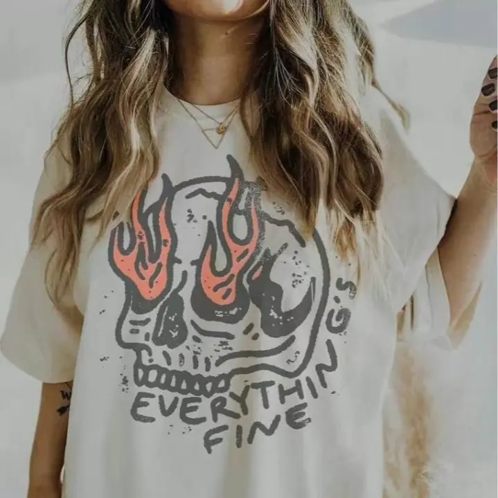 Baian - Comfort Colors Everything Is Fine Shirt Skull Tee Boho Vintage Tee Trendy Graphic Tee Skull Rebel Rock n Roll Grunge Edgy Outfit Boho Hippie