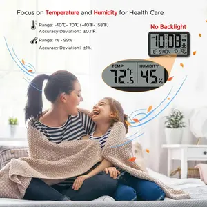 Auto Set Digital Wall Clock Battery Operated, Desk Clocks with Temperature, Humidity and Date, Large Display Digital Calendar Alarm Clock for Elderly, Bedroom, Office, 8 Time Zone, Auto DST. Decor Black