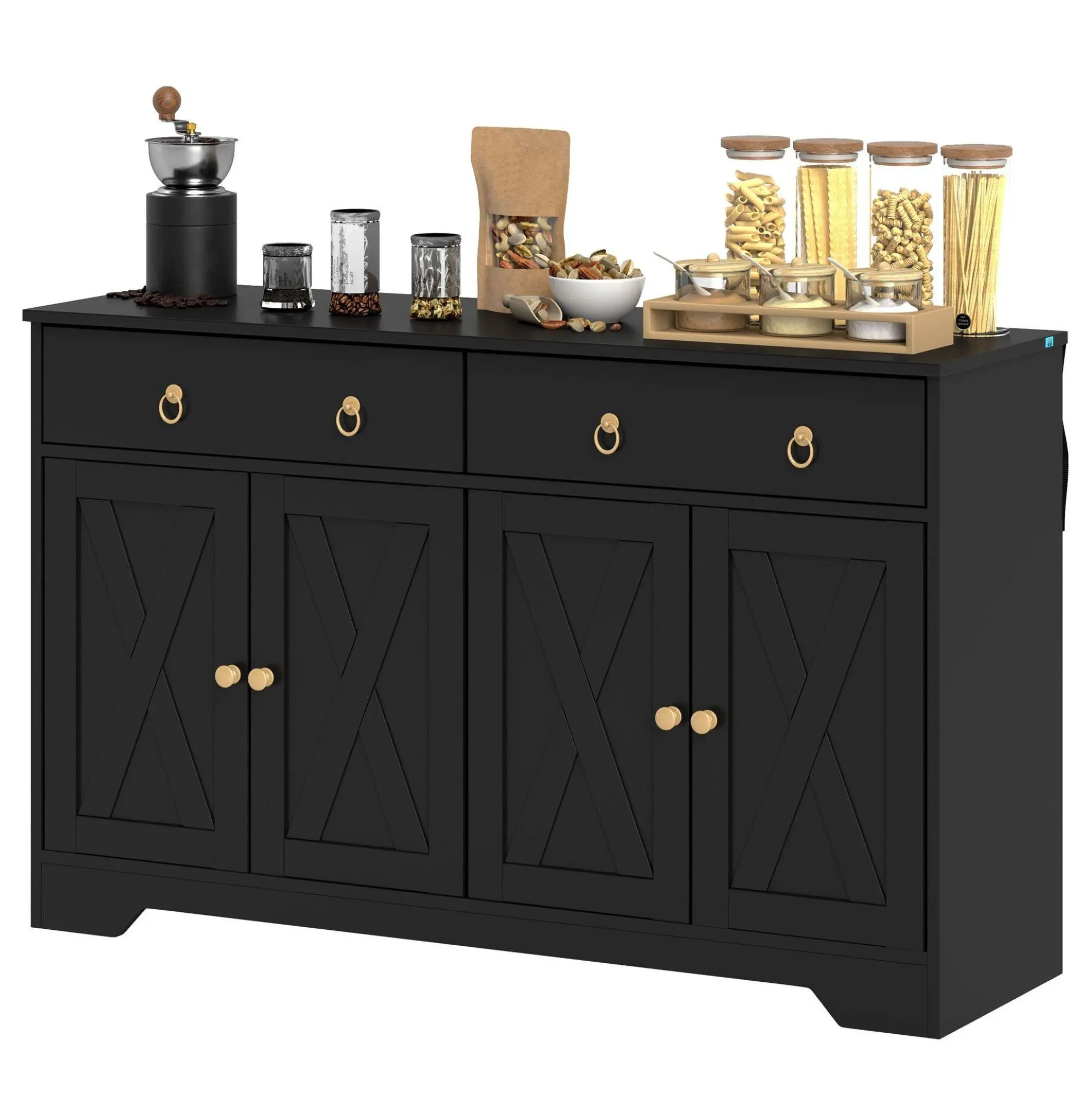Kitchen Sideboard, Farmhouse Buffet Cabinet with Barn Doors & Drawers, Black Storage Credenza