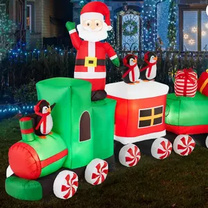 Inflatable Holiday Decor 8.5 x 5ft Pre-Lit Inflatable Christmas Train & Animated Santa Claus w/ 10 LED Lights, Ground Stakes