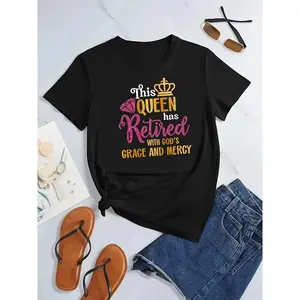 [Queen Print T-shirt] Plus Size QUEEN Print T-shirt - Casual Short Sleeve Crew Neck Top for Spring & Summer - Women's Plus Size Clothing