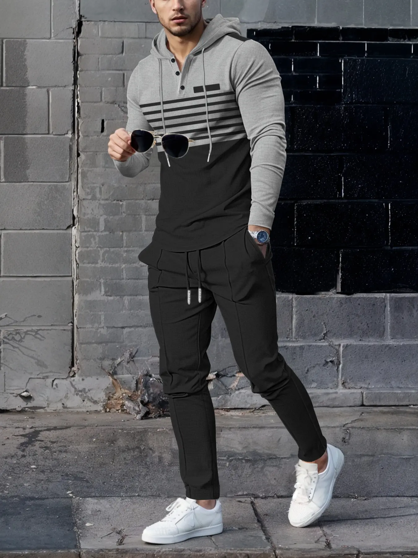 Men's Striped Patchwork Hoodie & Waffle Knit Pants Set, Breathable Comfort Soft Fabric, Casual Streetwear Travel Fashion Aesthetic, Essential Gift, Menswear
