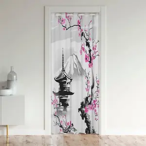 Japanese 30%-50% Blackout Door Curtain,Japan Fuji Mountain Closet Door Cover Curtain,Sakura Floral Insulated Thermal Curtain,1 Panel