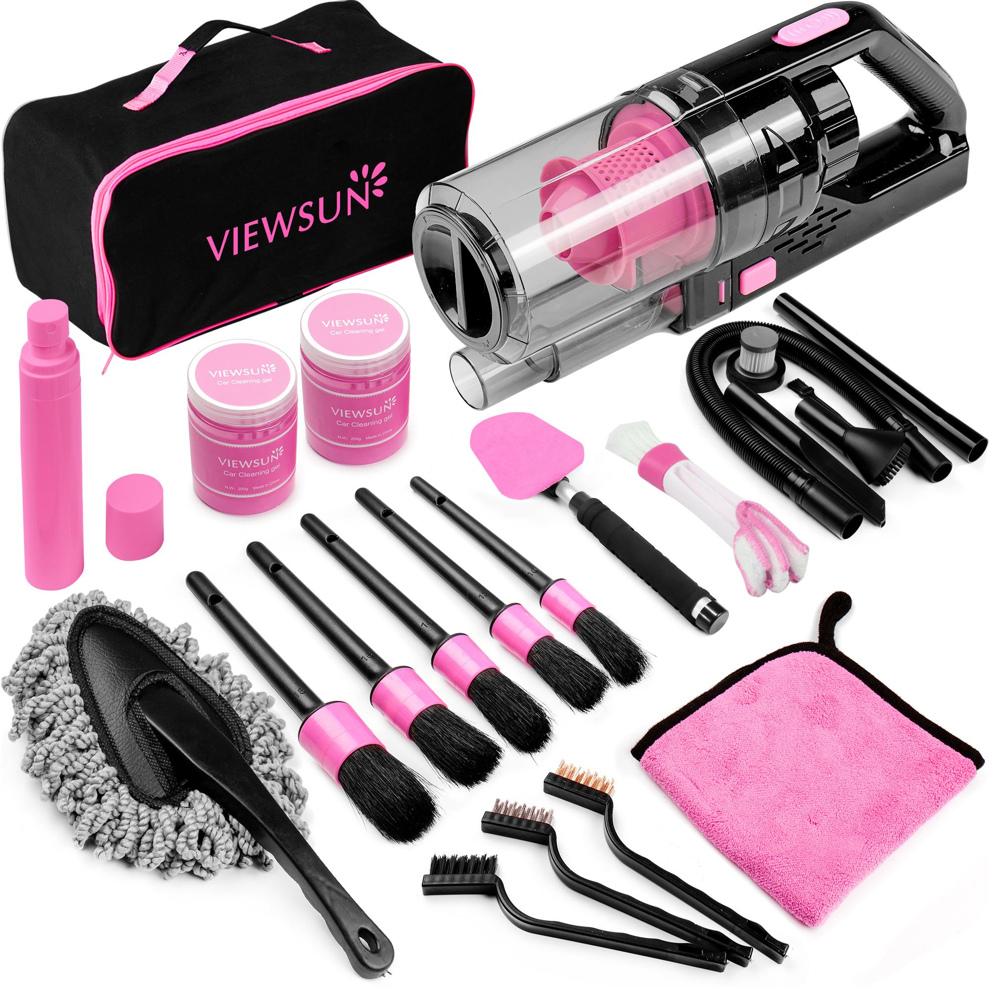 Viewsun 17pcs Car Cleaning Kit, Pink Car Interior Detailing Kit with High Power Handheld Vacuum, Detailing Brush Set, Wi