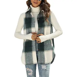 Womens Fall Flannel Plaid Vest Button Down Sleeveless Shirt Jacket With Pockets