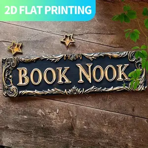 2D Flat, 1pc BOOK NOOK Metal Wall Decor - Vintage Literary Decoration with Golden Letters - Large 15.7x3.9 Inch Farmhouse, Gothic, Living Room, Porch, Kitchen Sign - Pre-Drilled Holes for Easy Hanging - Housewarming Gift for Book Lovers, Home Decoration,