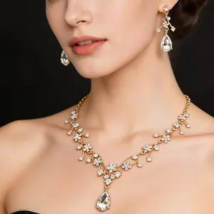 Jewelry Set for Women, Floral Teardrop Rhinestone Necklace and Dangle Earrings Set, Elegant Wedding Prom Formal Evening Party Jewelry for Bride Bridesmaid,summervibes summervibes