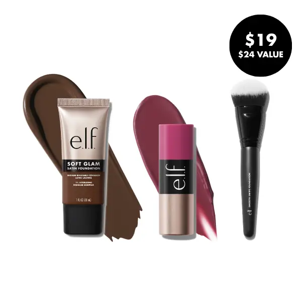 Soft Glam Makeup Set - Satin Foundation, Cream Blush Stick, Angled Foundation Brush