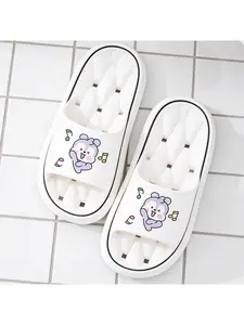 Cute Dancing Cartoon Squirrel & Music Note Print Quick-Dry Hollow Out Slide Slippers, Non-Slip Drainage Bathroom Shower Shoes, Soft Cushioned Home Sandals for Kawaii Fans