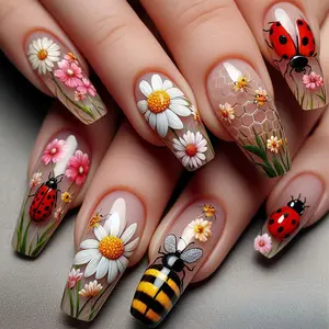 Ladies' Fashionable Wearable Nails, Spring-Style Bee and Daisy Pattern, Removable False Nails, DIY Nail Extension Kit, Home Nail Art Set