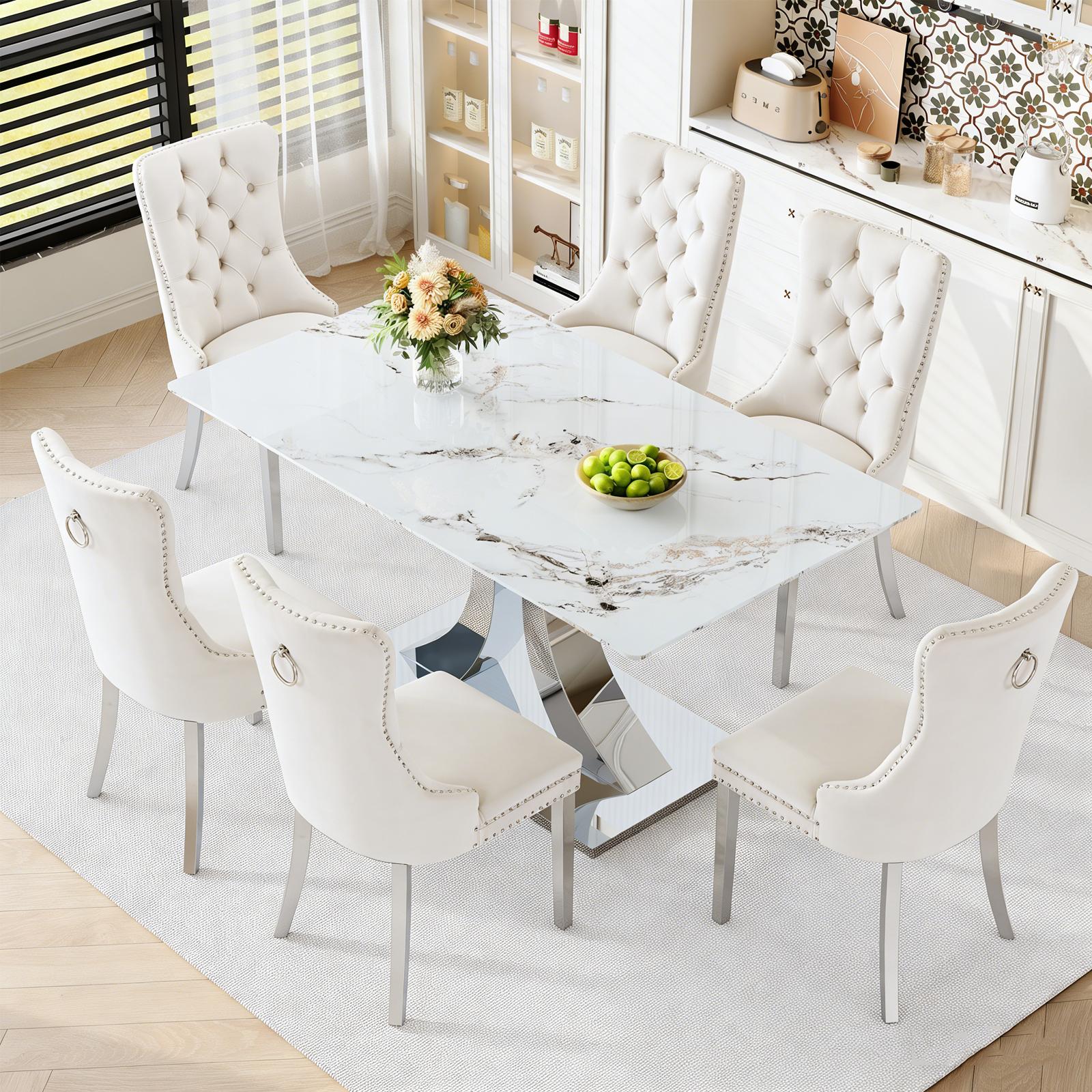Dining Table Set for 6,Kitchen Table Chairs Set of 6,Rectangular Dining Table,Modern Dining Room Set 63" White Tempered Glass Top with Adjustable Stainless Steel Base,Velvet Dining Chairs,Sliver Stainless Steel Plating Legs,Suitable for Dining Room,Office Dining Table Set for 6,Kitchen Table Chairs Set of 6,Rectangular Dining Table,Modern Dining Room Set 63" White Tempered Glass Top with Adjustable Stainless Steel Base,Velvet Dining Chairs,Sliver Stainless Steel Plating Legs,Suitable for Dining Room,Office