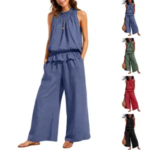 Molitree Women's Linen 2 Piece Outfits Sleeveless Ruffle Top Wide Leg Pants Summer Loungewear Beach Travel Sets Womenswear Bohemian