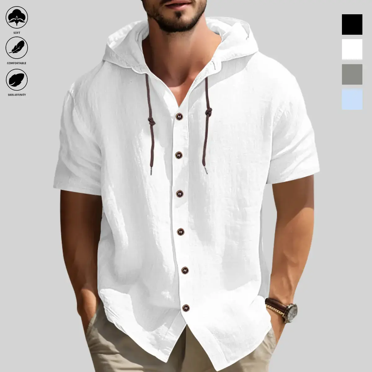 Men’s casual hooded short-sleeve shirt – button design, adjustable drawstring hood, non-stretch fabric, regular fit, plain style, men’s fashion clothing, suitable for spring and autumn outdoor hiking and everyday wear