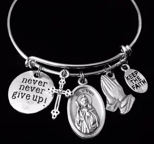 Saint Jude Expandable Charm Bracelet Silver - Adjustable Catholic Bangle with St Jude Medal, Cross & Praying Hands