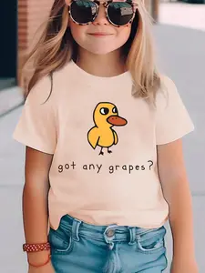 Summer Fashion Girls Short Sleeve T-Shirt with "GOT ANY GRAPES" Yellow Duck Print, Casual Versatile Top DX5723