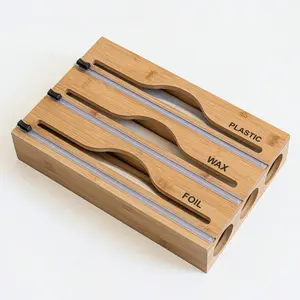 1pc Bamboo Plastic Wrap Dispenser, Kitchen Organiser, Aluminum Foil And Plastic Wrap Storage Box, Suitable For Kitchen(Khaki)