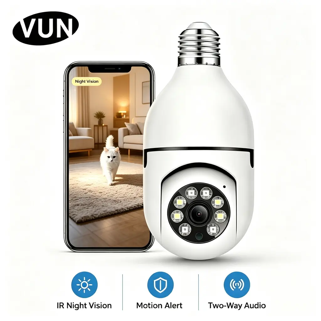 【Back to school】VUN Light Bulb Multi-Functional Security Camera, AI Alerts, 360° Pan-Tilt, Color Night Vision, Built-In LED & Spotlight, 2.4GHz WiFi, 2-Way Talk HD Video, Indoor/Outdoor Home Surveillance detector Camera, Easy Porch/Front Door Installation