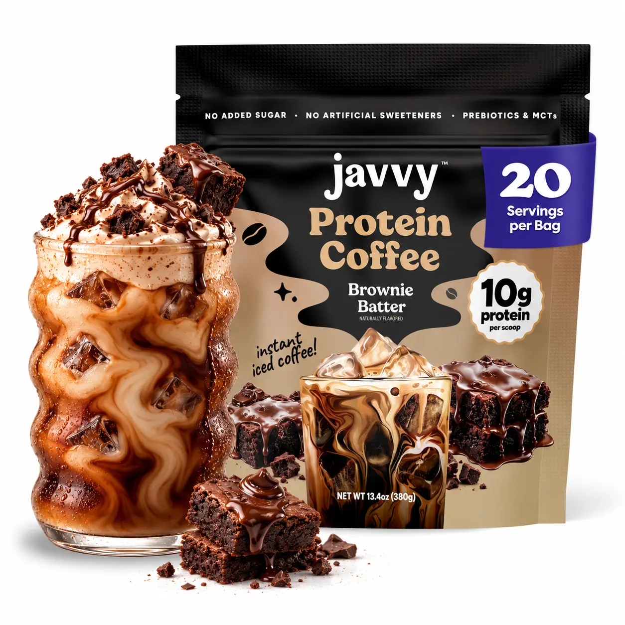 Javvy Brownie Batter Protein Iced Coffee Beverage - Premium Whey Protein Instant Iced Coffee, 100% Natural Cold Brew, 0 Artificial Flavors & Sweeteners, 80 mg Caffeine, No Added Sugar, 20 Servings
