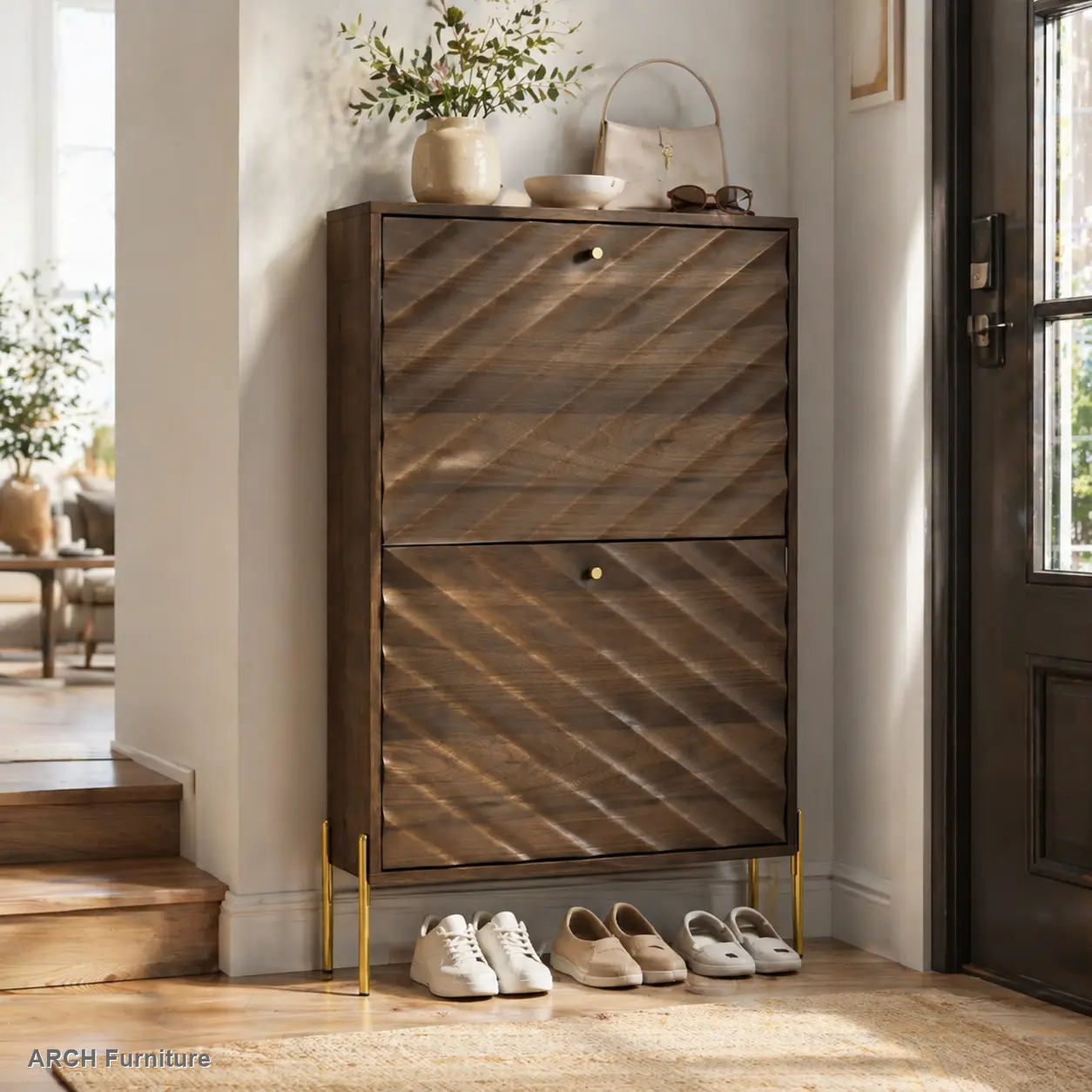 23.6-Inch Walnut Mid-Century Modern Freestanding Farmhouse Shoe Storage Cabinet with Metal Legs, 2-Tier Flip Drawers, Adjustable Entryway Organizer Rack, Easy Installation