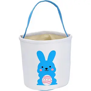 Easter Bunny Basket Bag for Kids, Canvas Cotton Egg Hunt Tote with Print, Bunny Gift Bag for Boys and Girls, Lightweight Reusable Candy and Egg Holder, Multiple Colors (bunny Basket -Blue)