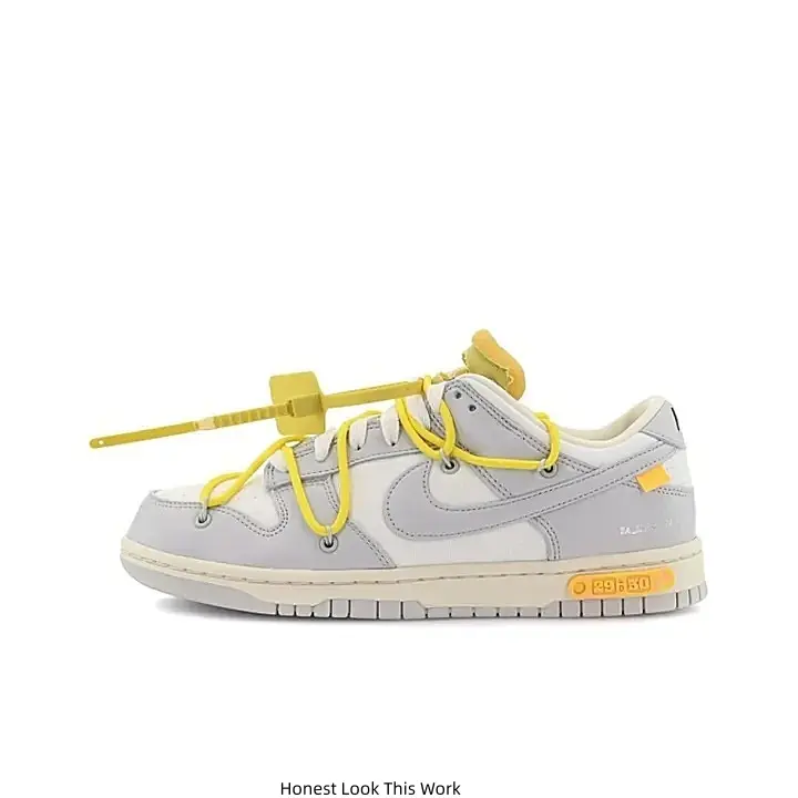 Off White Light Gray Yellow Double Lace Retro Low Top Skate Sneakers Vintage Cream Midsole Gray Rubber Outsole Leather Casual Walking Shoes for Men Women Daily Street Wear