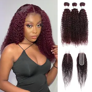 ALHER #99J Dark Burgundy Kinky Curly Human Hair Bundles with 2x6 Closure Long Deep Part #99J Color Colored 3 Bundles with Free Part 5x5 HD Transparent Lace Closure 12A Remy Soft and Thick 1/3 Bundles Curly Weave Sew In Weft