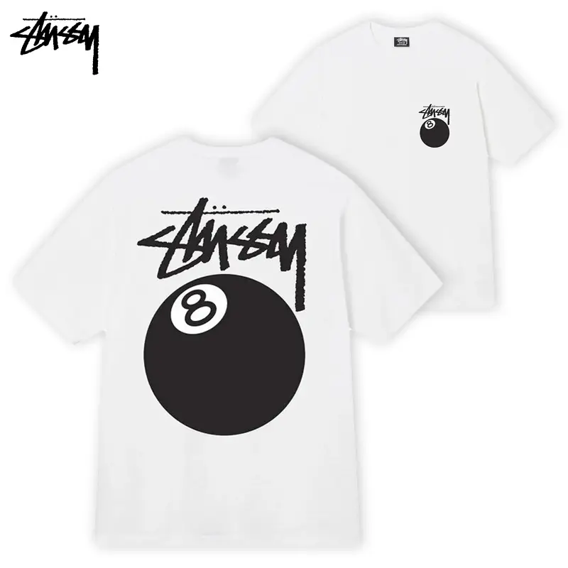 Stussy 8 Ball Tee White 100% Cotton Graphic T-Shirt Short Sleeve Crew Neck Streetwear Top, Classic Skate Style Casual Everyday Tee with Front & Back Print