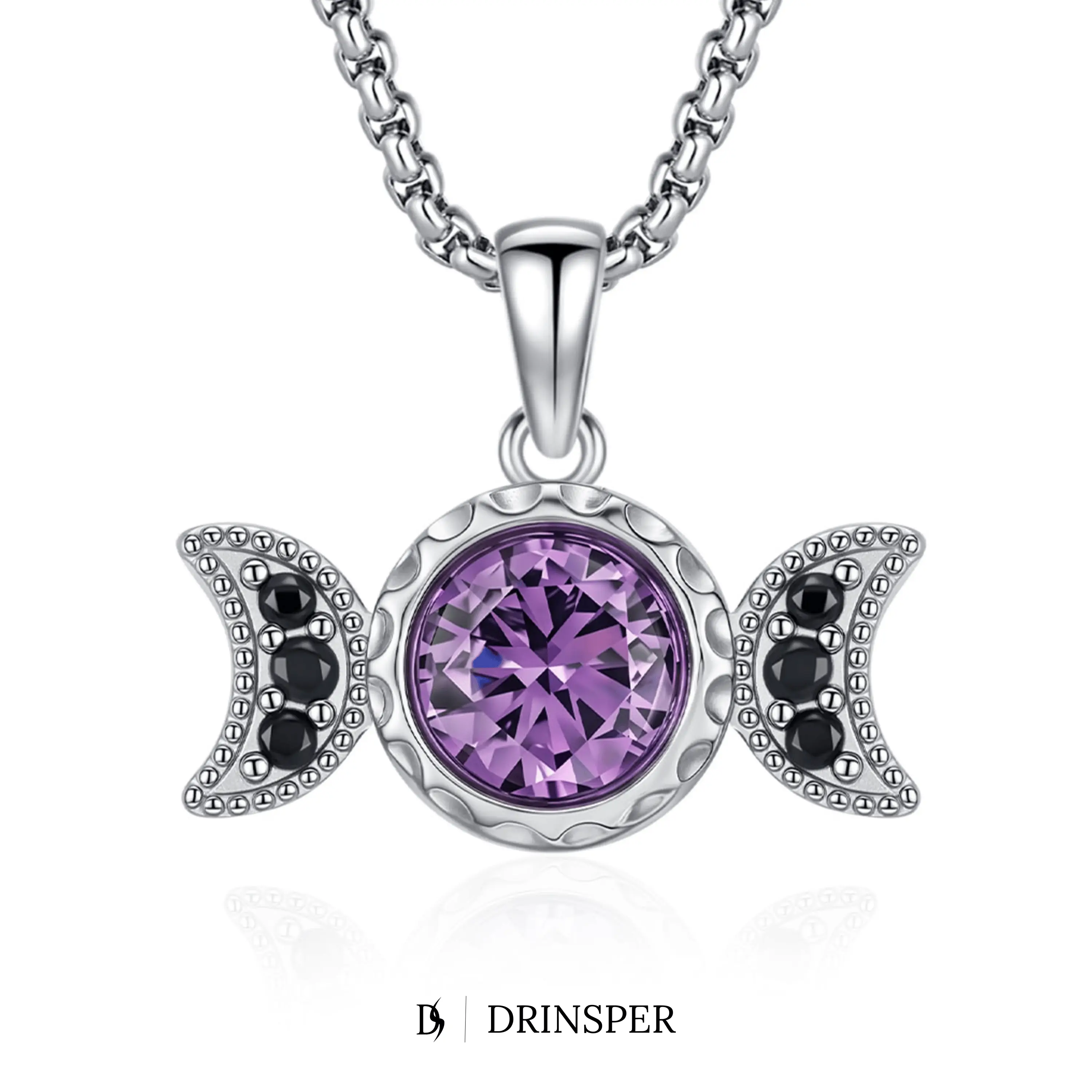 DRINSPER 925 Sterling Silver Hecate Triple Moon Goddess Pendant Necklace - The Moon Necklace, Non Tarnish Witchy Wiccan Jewelry, Amethyst Zircon Birthstone Charm, Mystic Protection Talisman for Women - Daily Wear Gift, Non Tarnish Necklace