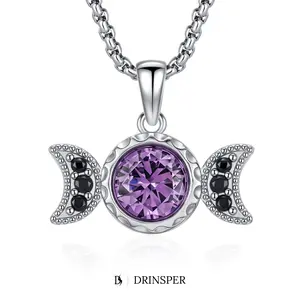 DRINSPER Hecate Triple Moon Goddess Pendant Necklace Witchy Style Wiccan Pagan Jewelry for Women Men 925 Sterling Silver Amethyst Zircon Birthstone Charm, Mystic Protection Moon Phase Talisman Gift for Daily Wear Rituals and Special Occasions