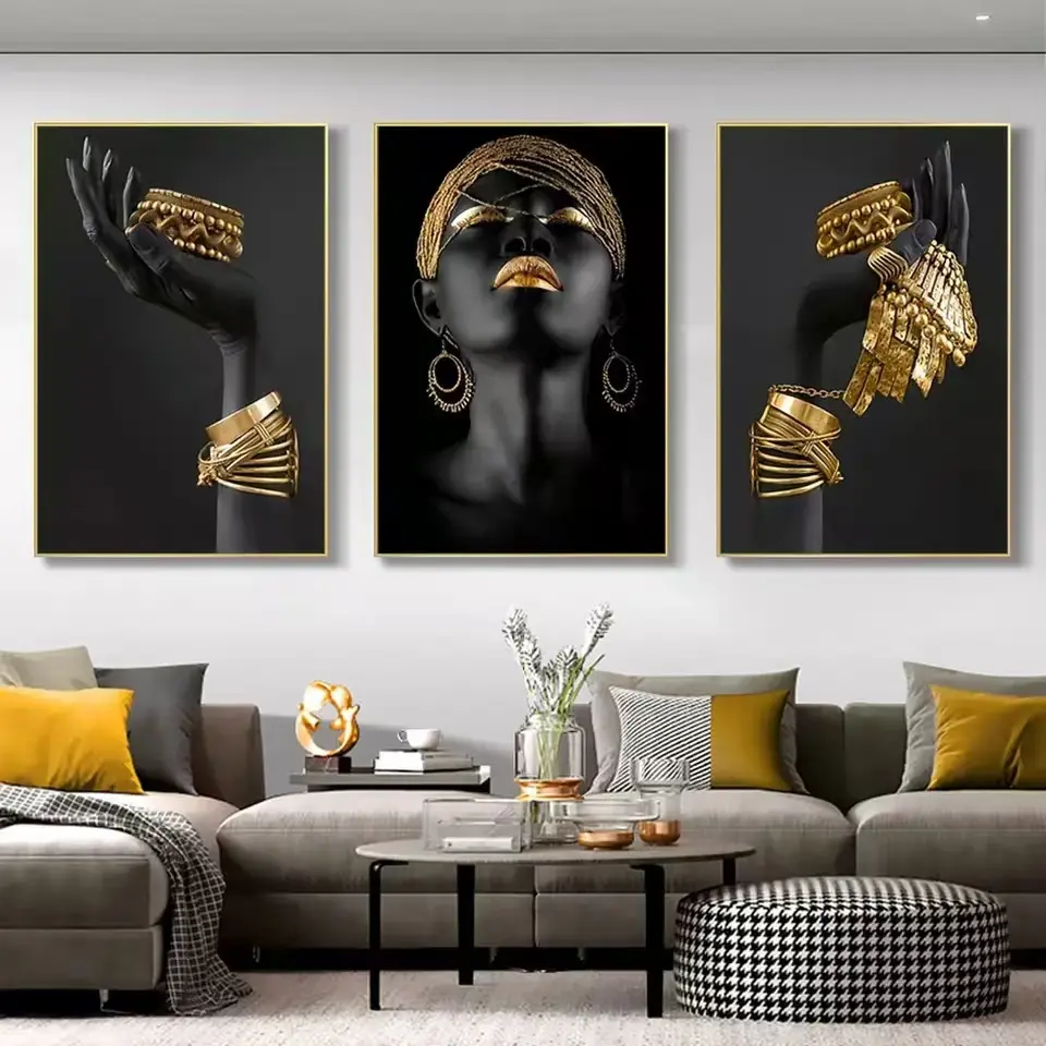 3pcs African Woman Gold Jewelry Wall Poster Set, Unframed Artistic Canvas Art for Living Room Decorations, Home Decor Painting, Artwork, Art Print, No Model